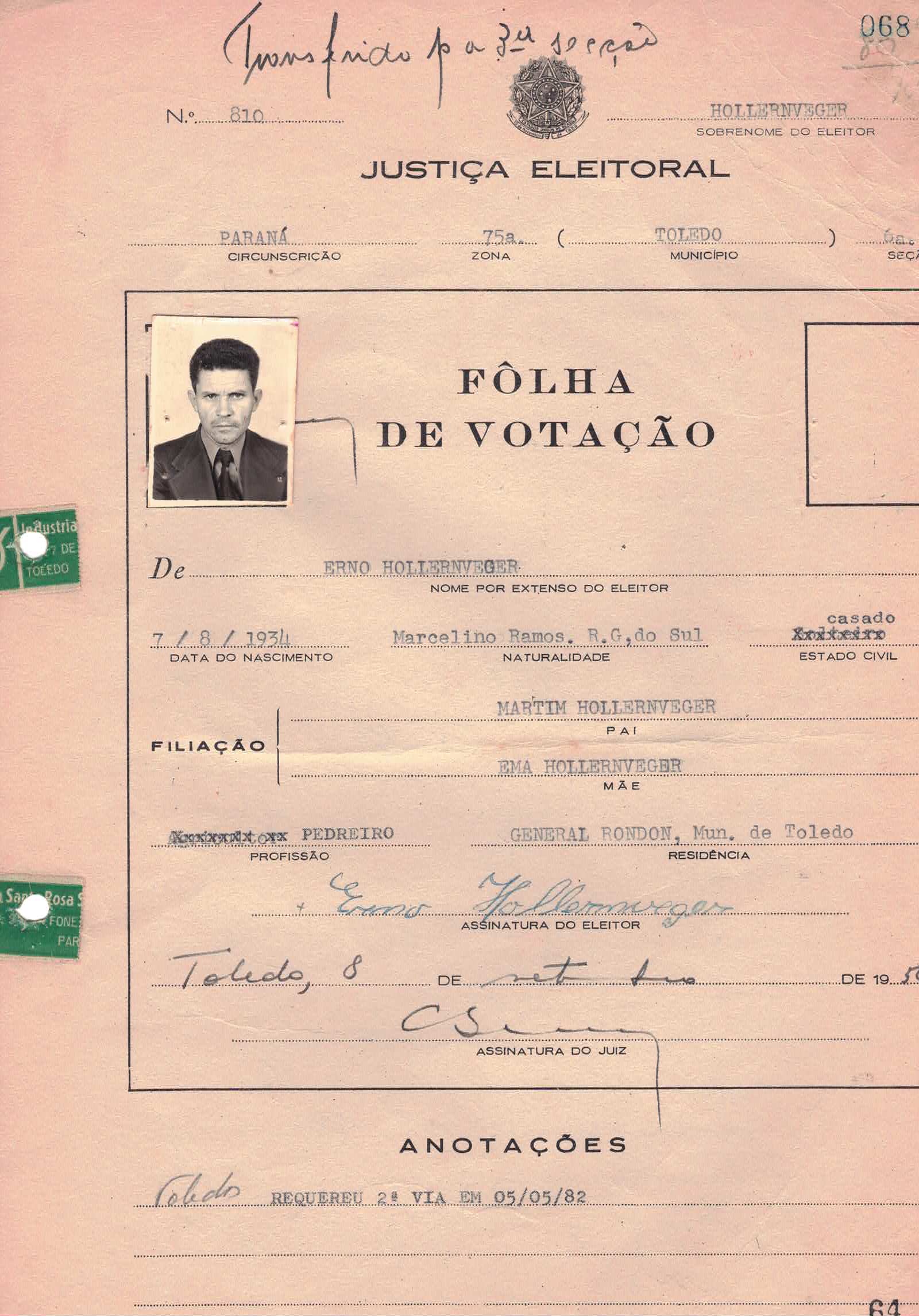 Cédula de eleitor — Hollernveger Erno
