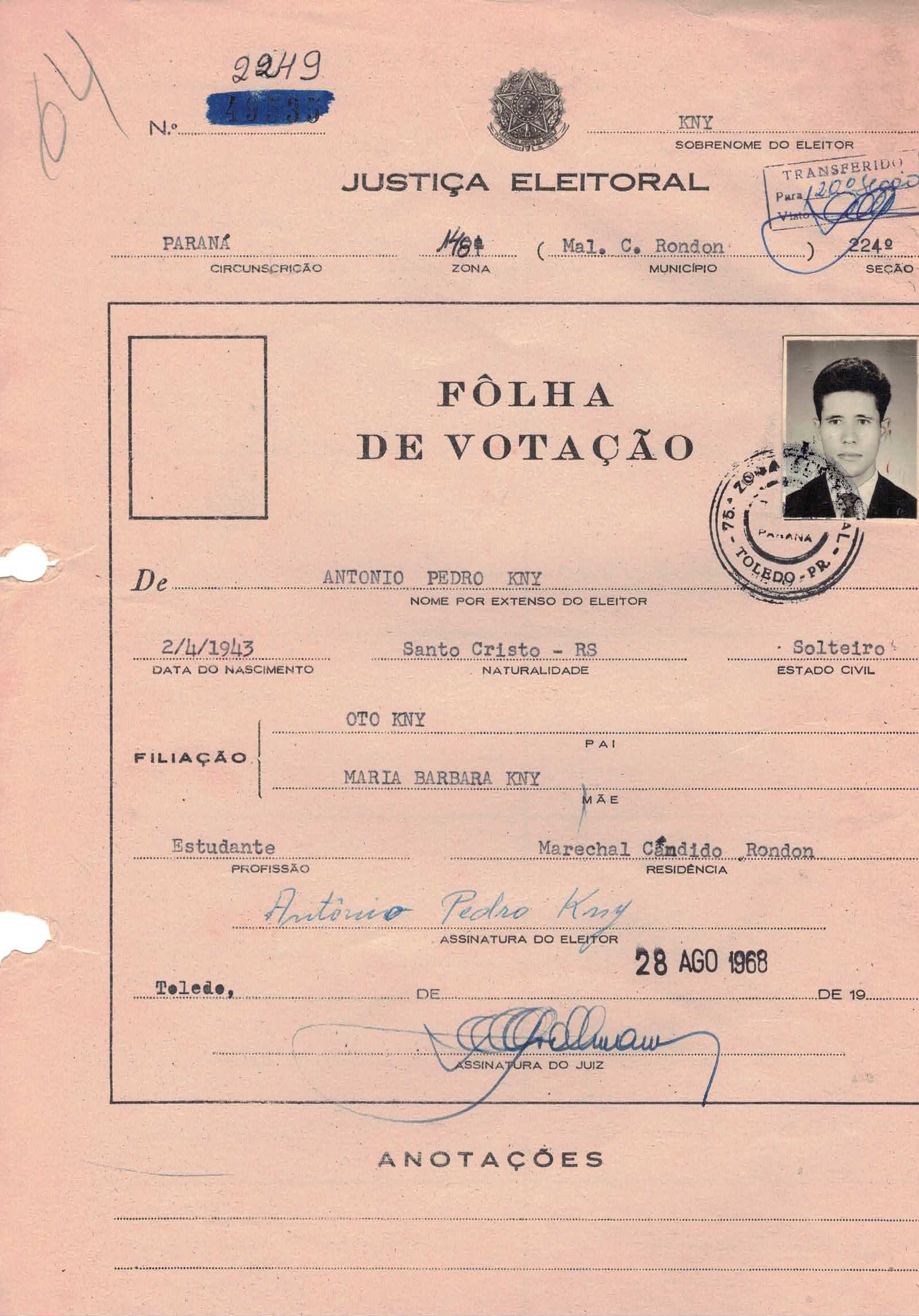 Cédula de eleitor — Kny Antonio Pedro