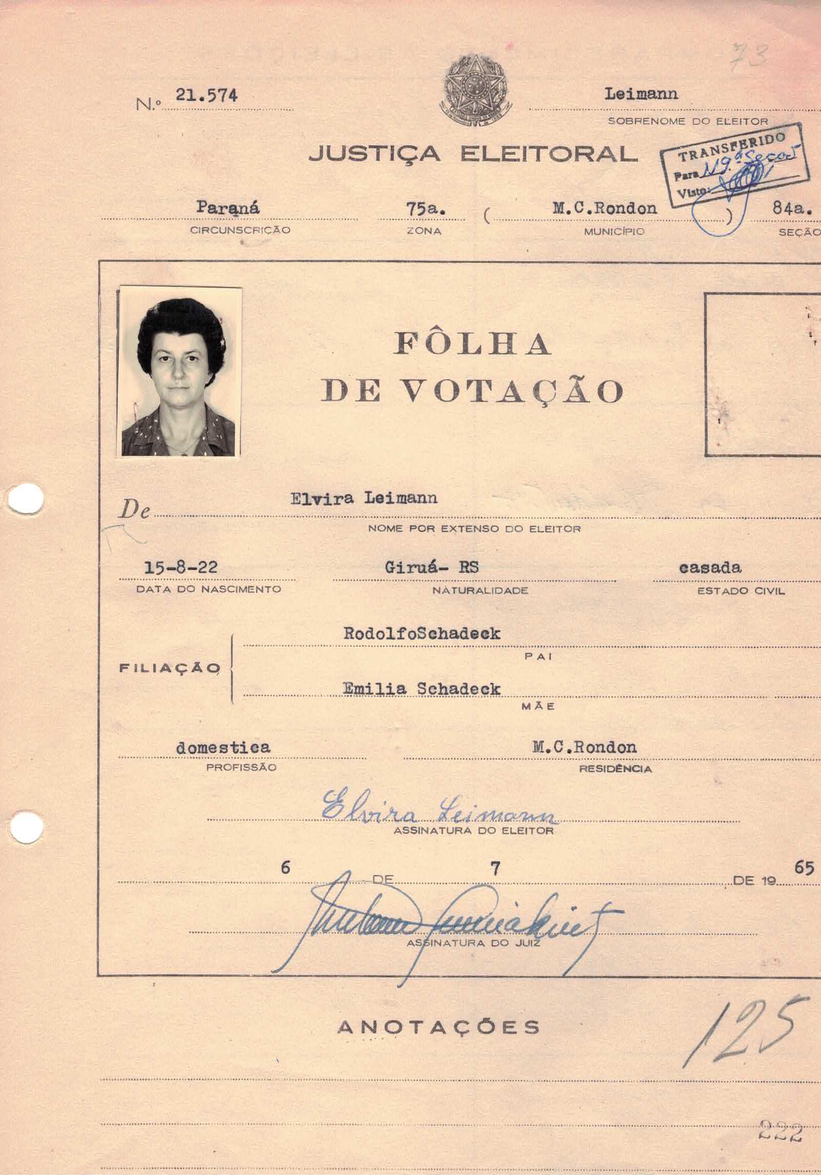 Cédula de eleitor — Leimann Elvira
