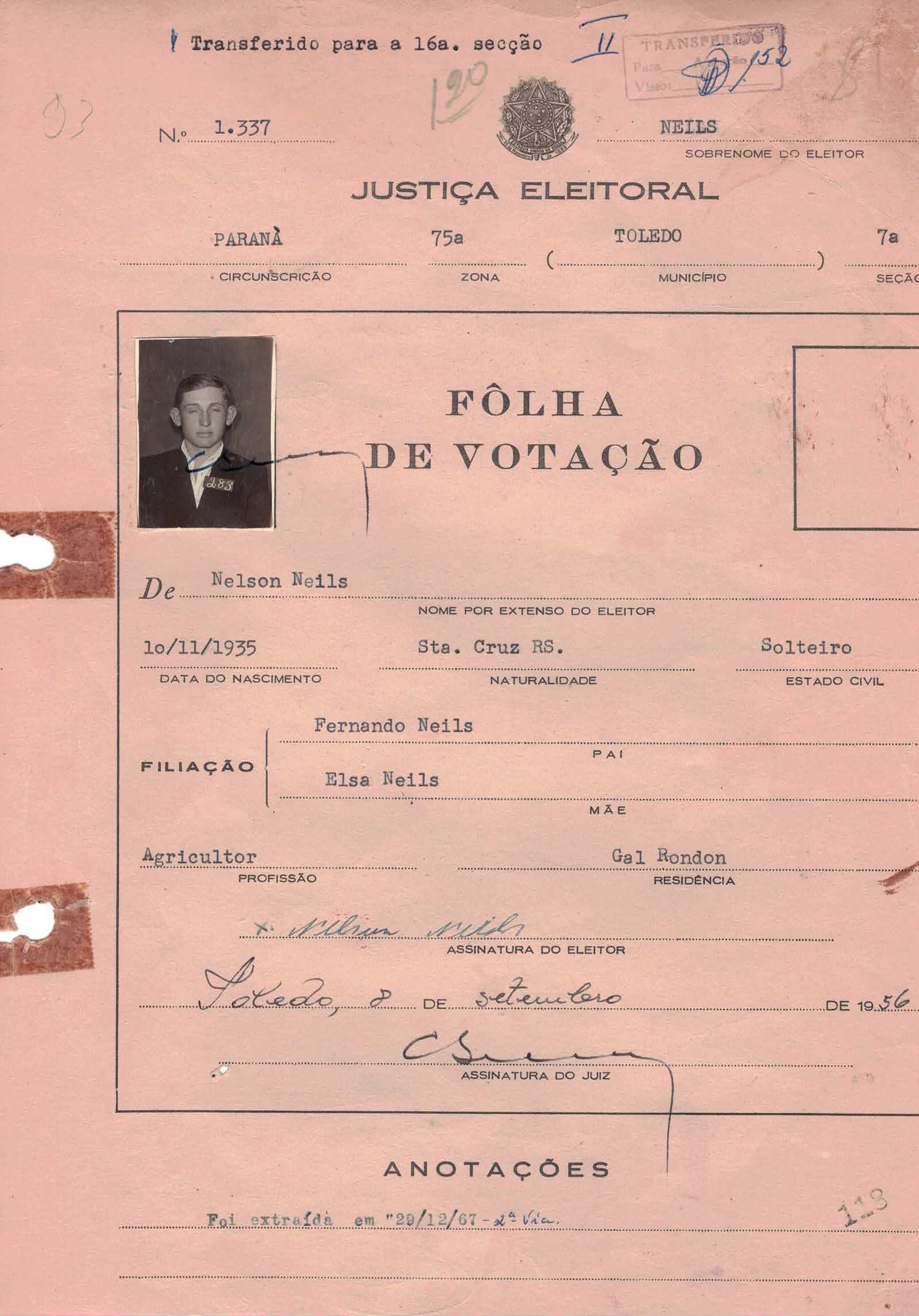 Cédula de eleitor — Neils Nelson