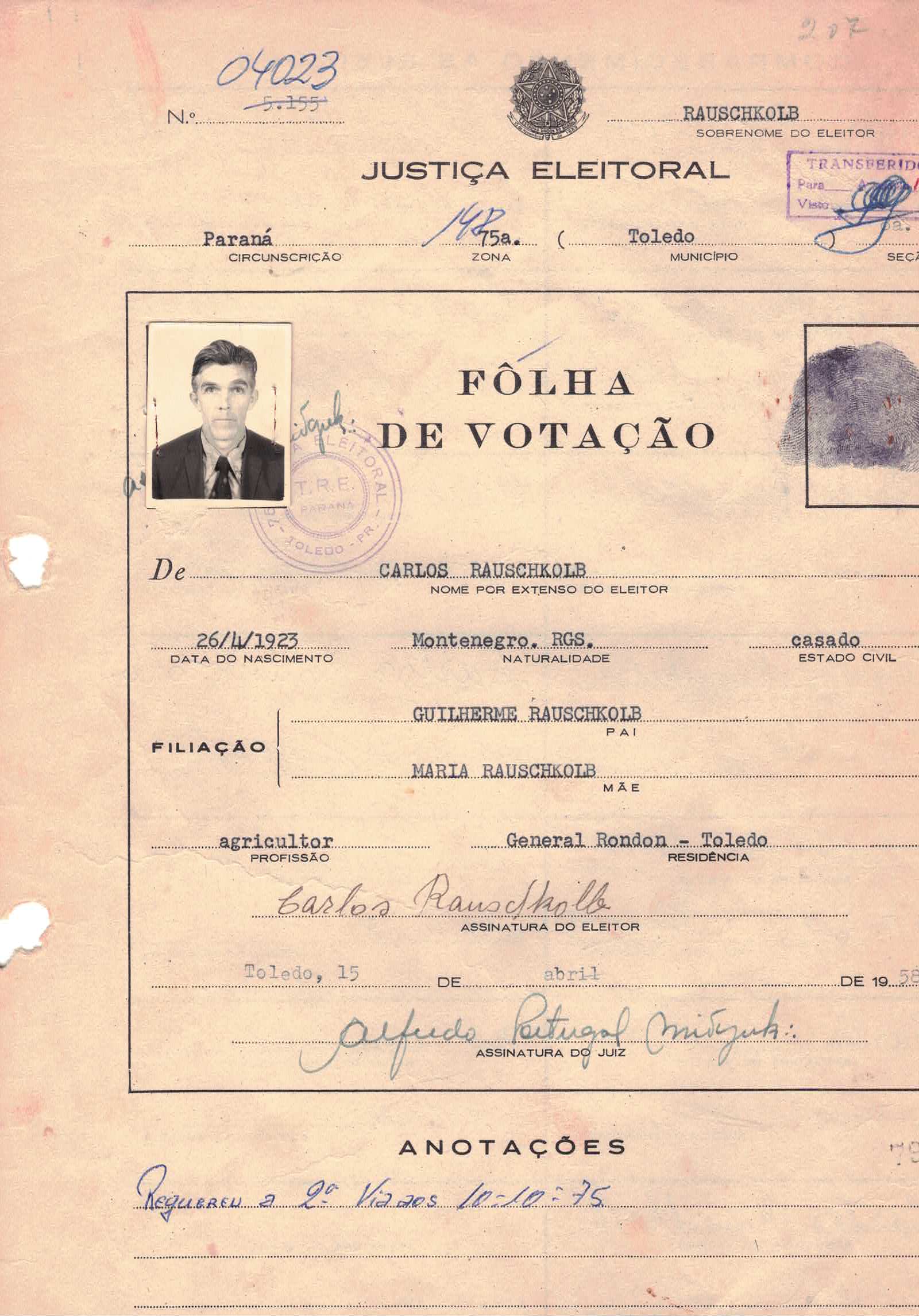 Cédula de eleitor — Rauschkolb Carlos