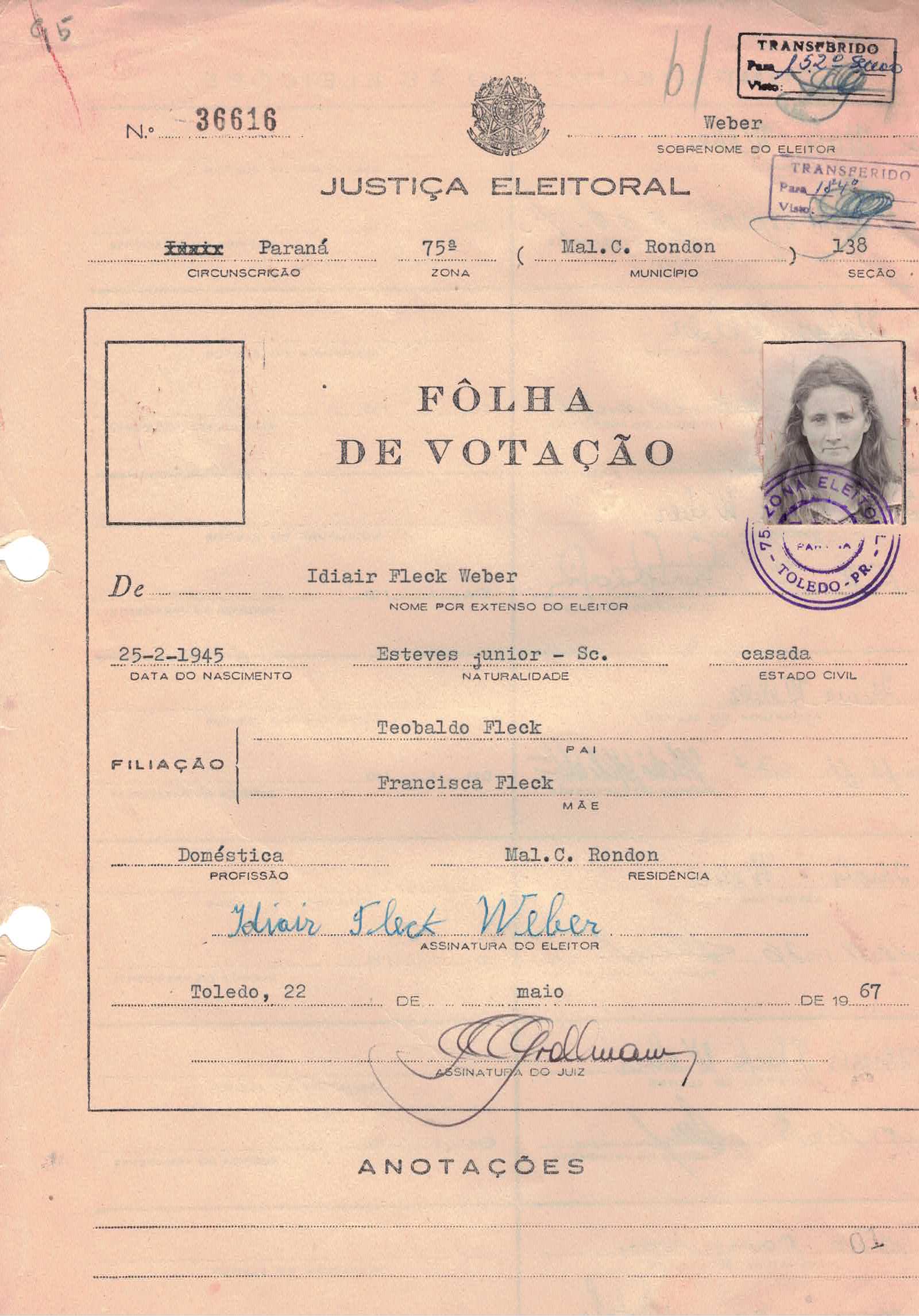 Cédula de eleitor — Weber Idiair Fleck