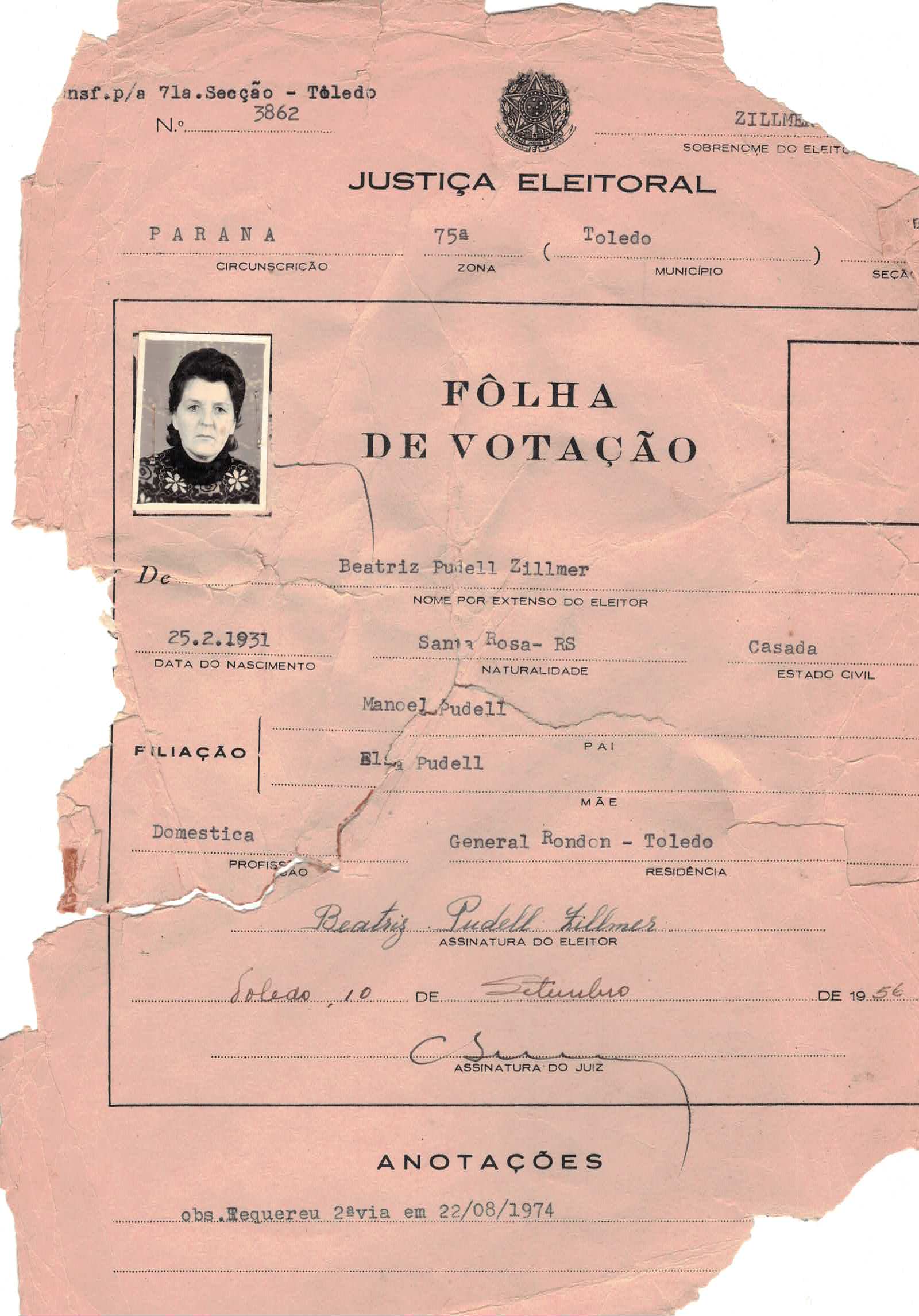 Cédula de eleitor — Zillmer Beatriz Pudell