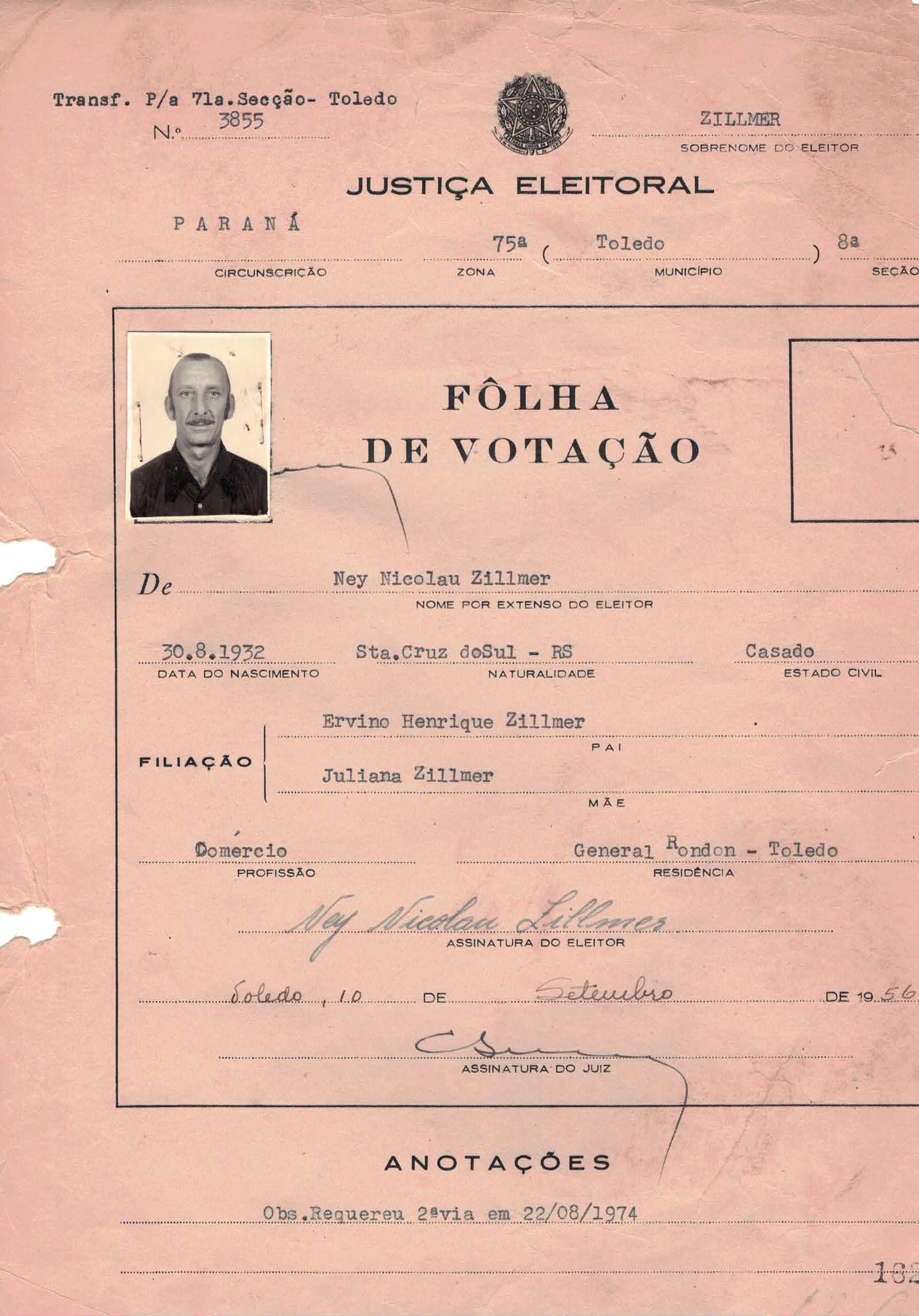Cédula de eleitor — Zillmer Ney Nicolau